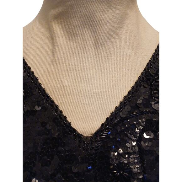 Exotic Formal Beaded Sequin Top L Black Short Sleeve NY Party Christmas Holiday - Picture 8 of 17